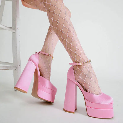 High Quality Satin Women Super High Heels Square Toe Platform Ankle Strap Party Wedding Shoes Mary Jane Chunky Heel Shoes