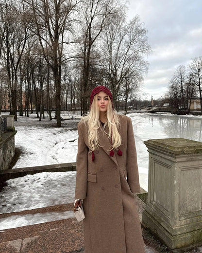 Elegant Solid Double Breasted Long Coat Women Chic Casual Loose Lapel Pad Shoulder Tweed Coats Lady Winter Retro Street Outwear