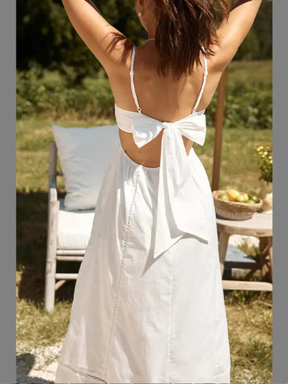 Sexy Backless Bow Lace Up Women Maxi Dress Elegant V-neck Hollow Out Sleeveless Sling Dresses Summer Casual White Vacation Robes