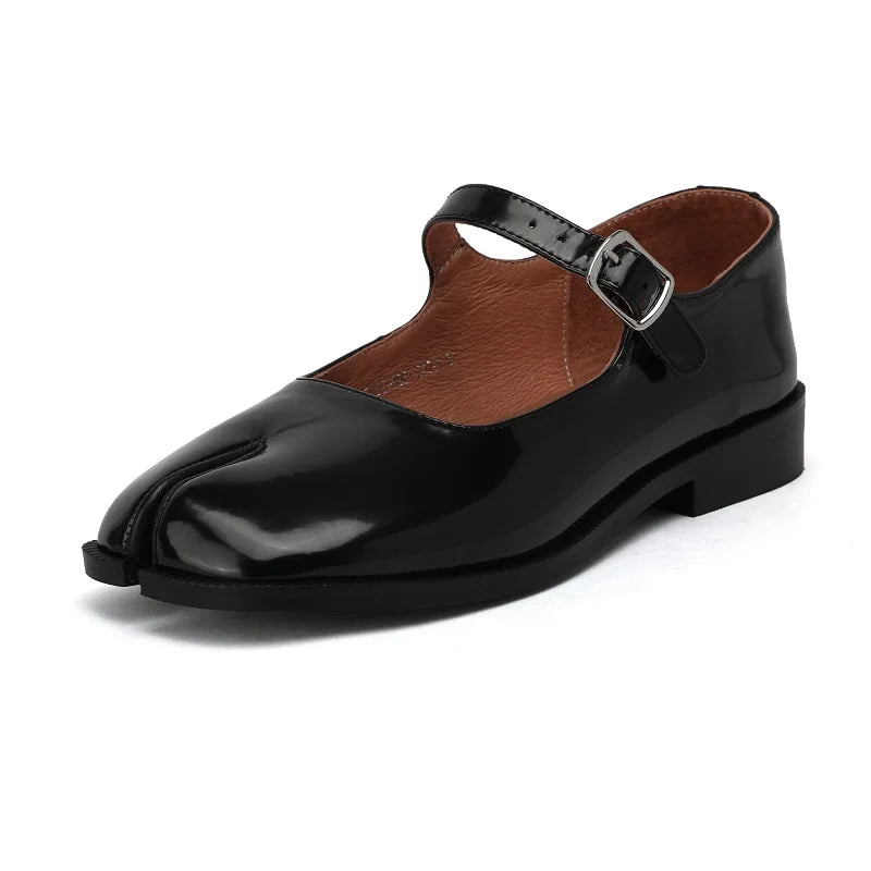 INS Hot Spring Autum Women Simple Shoes Cowhide Real Leather Flats Cozy Retro Mary Jane Ladies Buckle Strap Shoes Split Toe