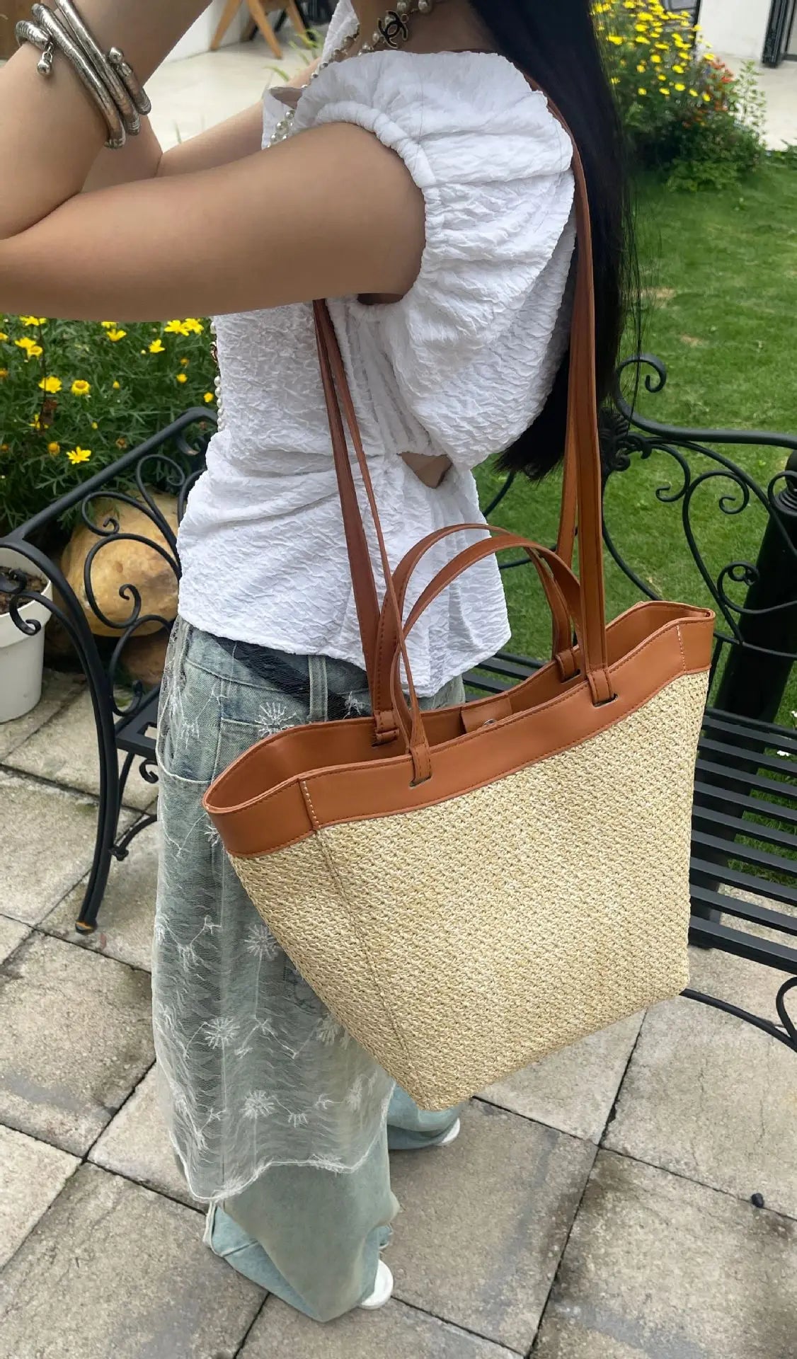Summer Large Capacity Tote Bag Women Shoulder Bag Handmade Woven Bag Fresh Rural Handheld Grass Woven Women Bag