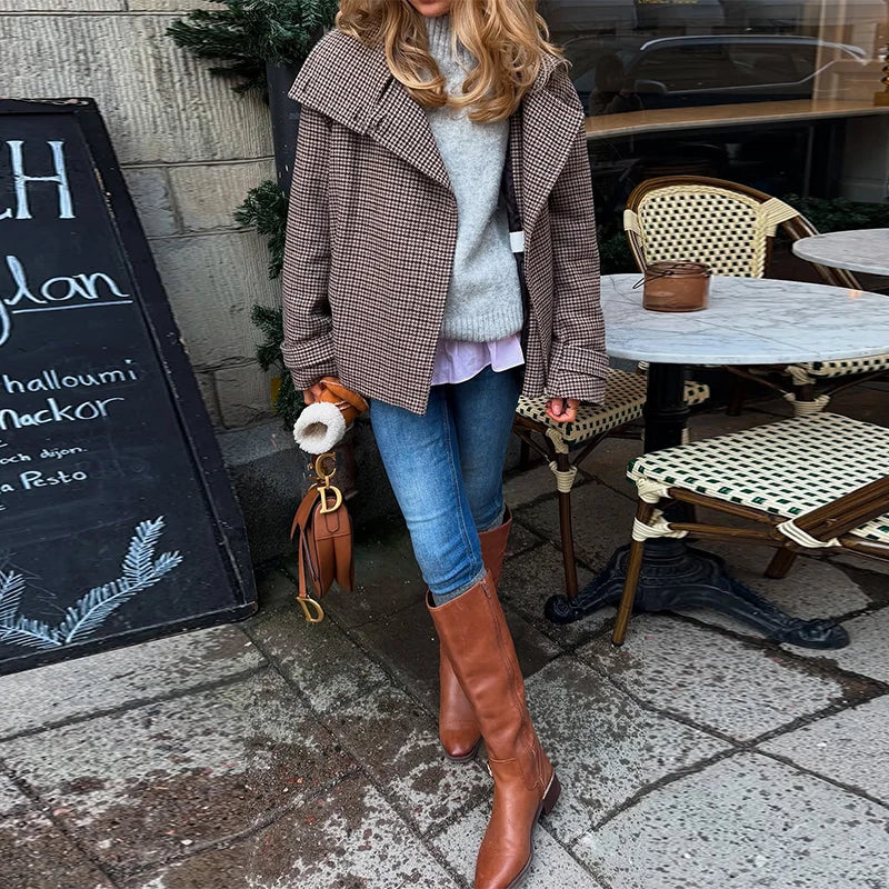 Elegant Lapel Checkered Coat Women Casual Buttons Double Breasted Long Sleeve Coats Female 2025 Autumn British Lady Jacket