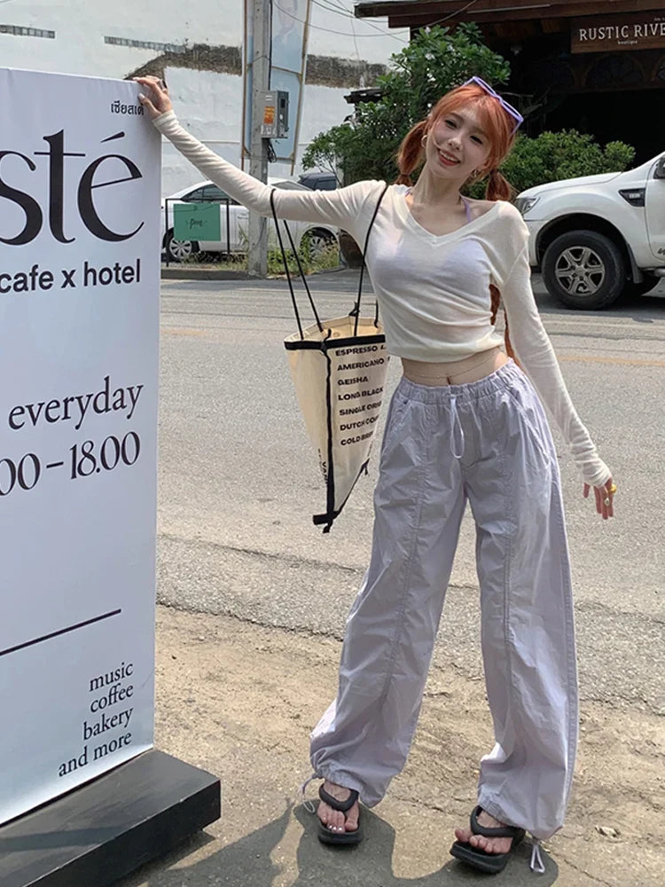 Casual Baggy Wide Leg Sweatpants White Loose Drawstring Low Waist Streetwear Cargo Pants Womens Hippie Joggers Trousers