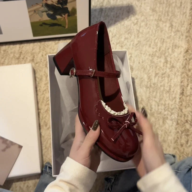 Spring Butterfly-knot Women Mary Jane Shoes Ladies Shallow Buckle Strap Shoes Eelgant Thick Heel Dress Leather Shoes