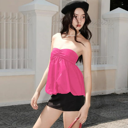 Solid Bandeau Top For Women Strapless Bra Puffy Bralette Mujer Backless Bustier Sleeveless Lenceria Femenina Ruched Y2k Tube Top