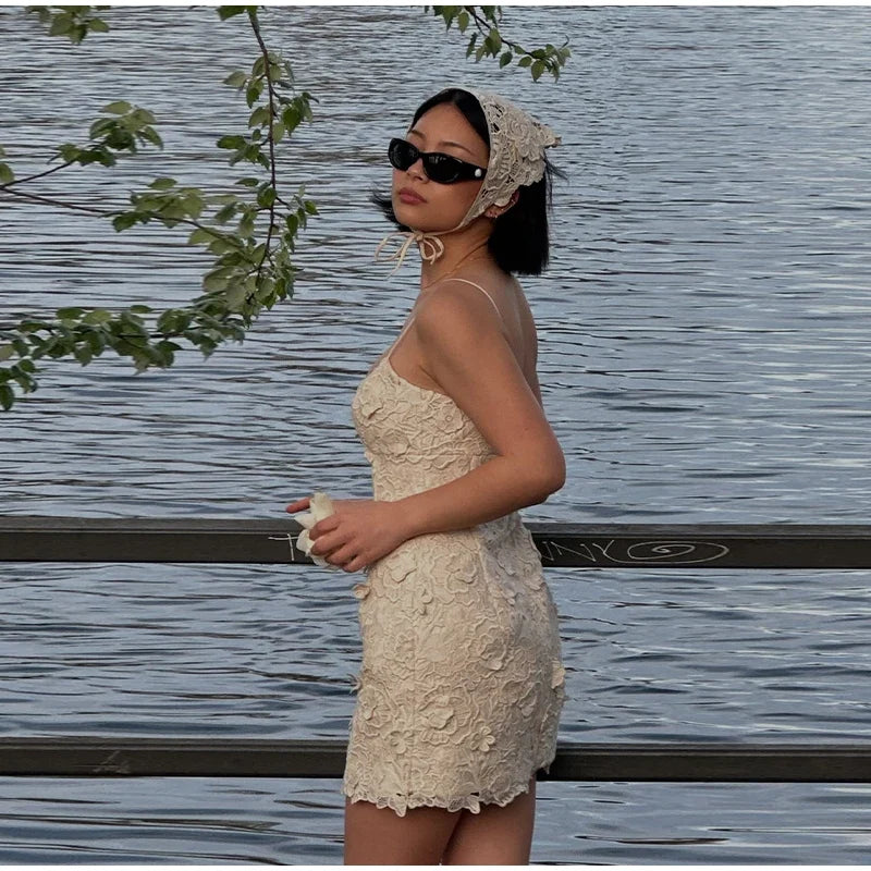 Chic Flower Suspender Short Women's Dress With Backless Slim A-line Dresses 2025 Summer Street Holiday Ladies' Short Robe