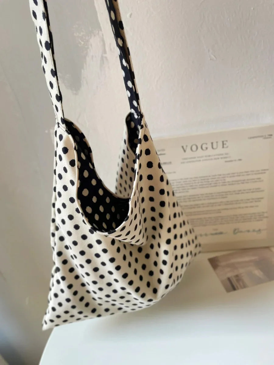 Niche Double-sided Black White Polka Dot Bags Female Shoulder Bag Casual All-match Retro All-match Simple Canvas Bags