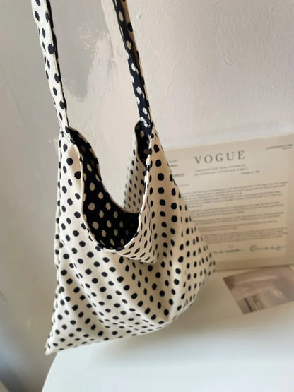 Niche Double-sided Black White Polka Dot Bags Female Shoulder Bag Casual All-match Retro All-match Simple Canvas Bags