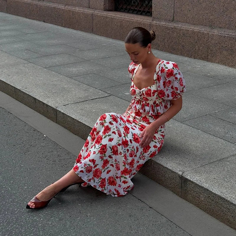 Elegant Printed Long Skirts Sets Women Square Collar Half Sleeve Crop Tops Low Waist Slim A-line Skirt 2025 Autumn Lady Chic Set