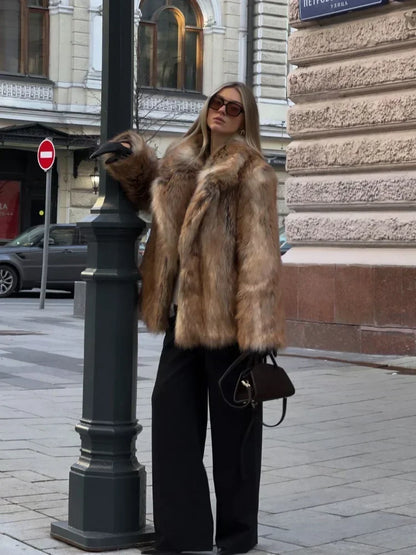 Winter Warm Fluffy Faux Fur Short Coat Women Elegant Lapel Loose Casual Overcoat