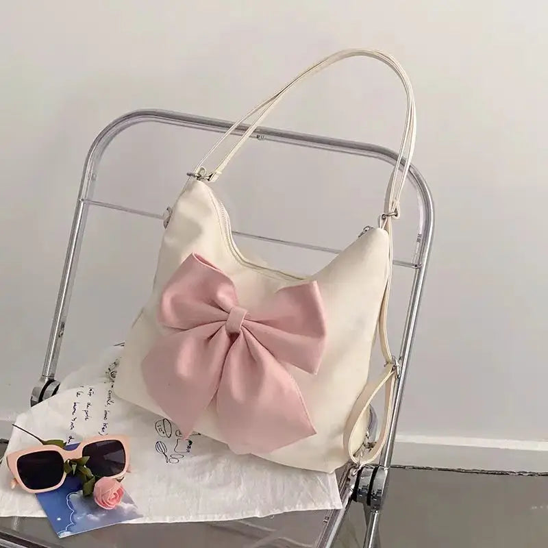 Pink Bow Womens Shoulder Bag Korean Style Fashion Large Capacity Sweet Backpack Cute Exquisite Elegant New Female Tote Bag