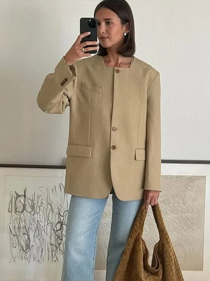 Casual Women's Blazer Jackets Long Sleeve Square Collar Spring Female Coat Fashion Pockets Long Sleeve Office Lady Outfits