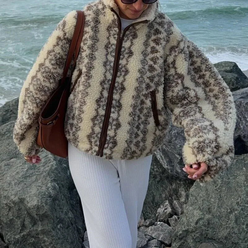 Vintage Plush Printed Jackets Women Casual Warm Zipper Stand Collar Short Coats Female New Spring Winter Chic Street Outwear