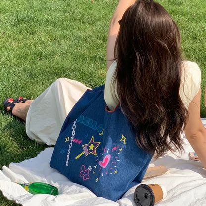 High-capacity Personality Graffiti Denim Handbags Y2k Kawaii Letter Print Tote Bags Women Preppy Sweet Ins Shoulder Underarm Bag
