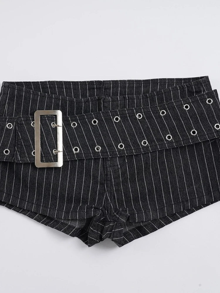 Y2K Striped Denim Shorts Women Summer Streetwear Sexy Hot Pants Metal Eyelet Belt Short Jeans Casual Party Club Outfits