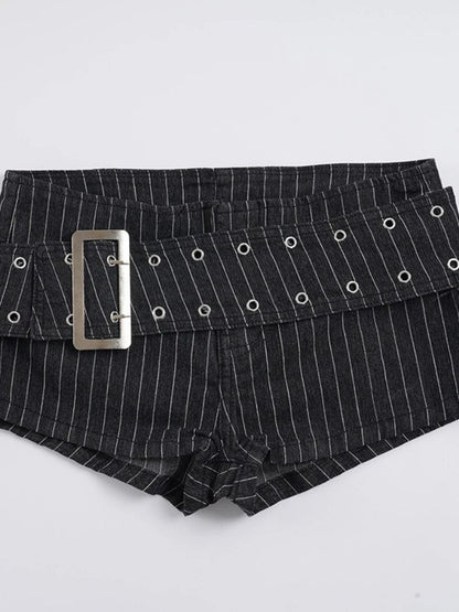 Y2K Striped Denim Shorts Women Summer Streetwear Sexy Hot Pants Metal Eyelet Belt Short Jeans Casual Party Club Outfits