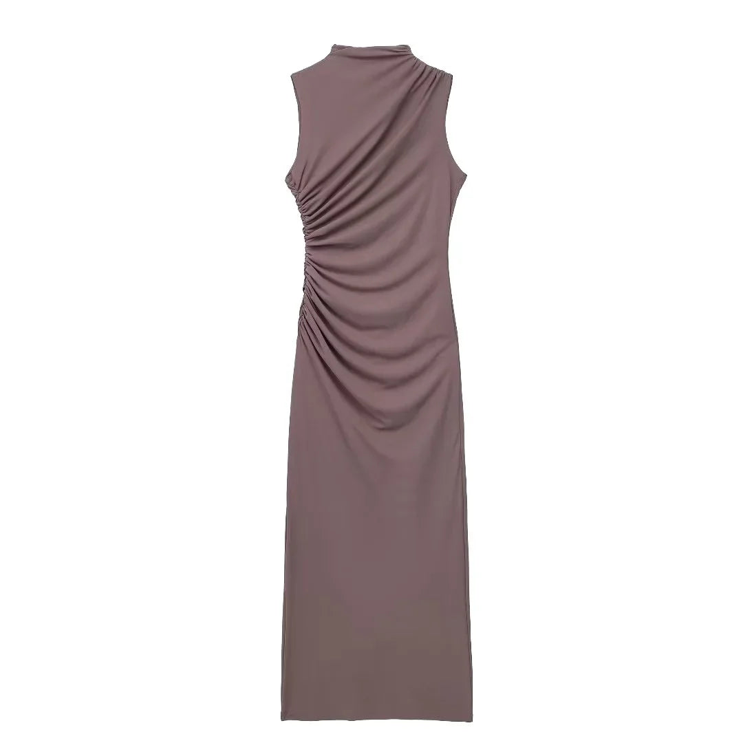 Elegant Slim Sleeveless Half High Collar Dresses Women Sexy Pleated Solid Evening Dress Female Summer New 2024 White Party Robe