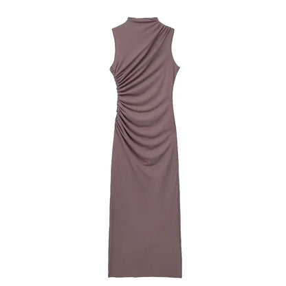 Elegant Slim Sleeveless Half High Collar Dresses Women Sexy Pleated Solid Evening Dress Female Summer New 2024 White Party Robe