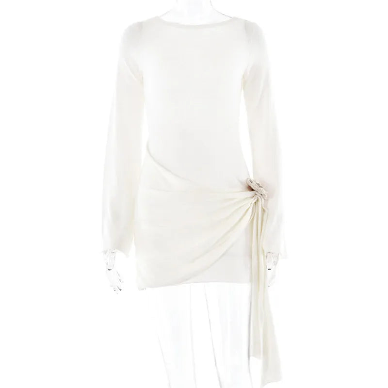 Boucle Knit Boat Neck Bell Sleeve Knot Detail Wrap Mini Dress