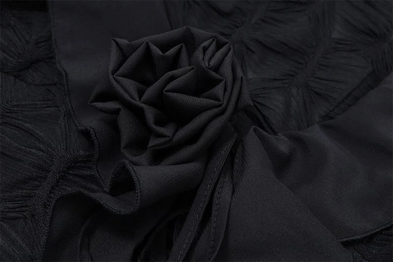 Y2K Irregular Black Shirts Women Harajuku Sexy Cropped Ruffles Flower Blouses Summer Gyaru Gothic Lace Up Long Sleeve Tops New
