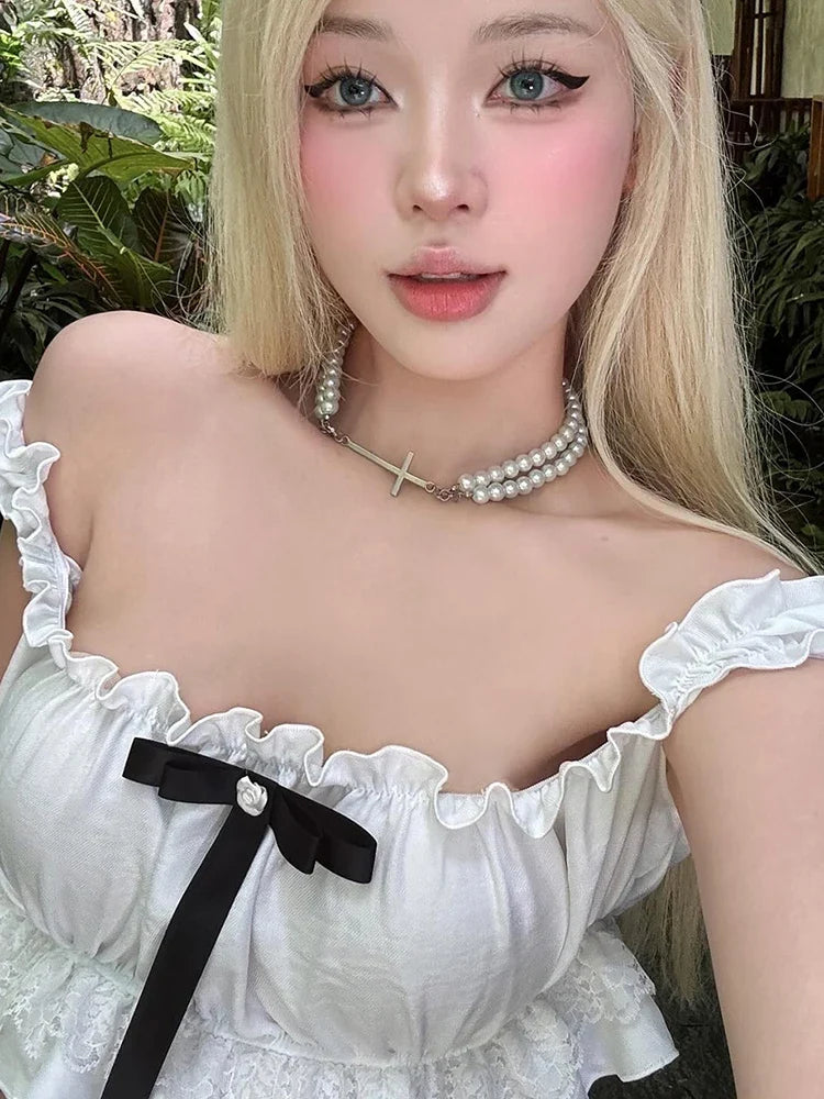 Puss Sweet 2-Piece Set Women Y2K Slash neck Patchwork Lace Bow Crop Tops+High Split Bandage Skirts Matching Vacation Suits