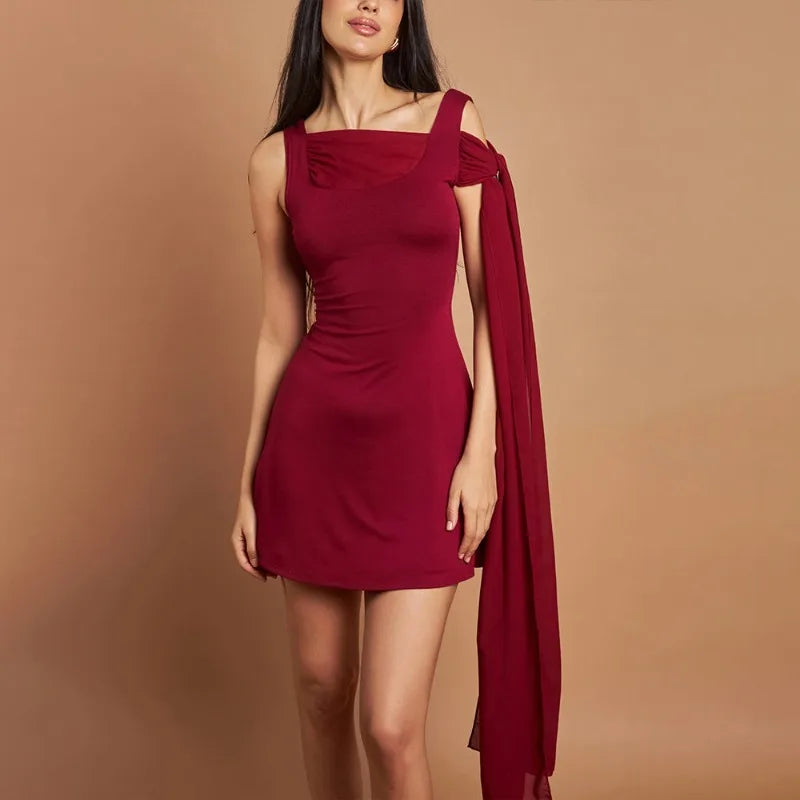 Square Neck Draped Panel Chiffon Sash Shoulder Mini Dress
