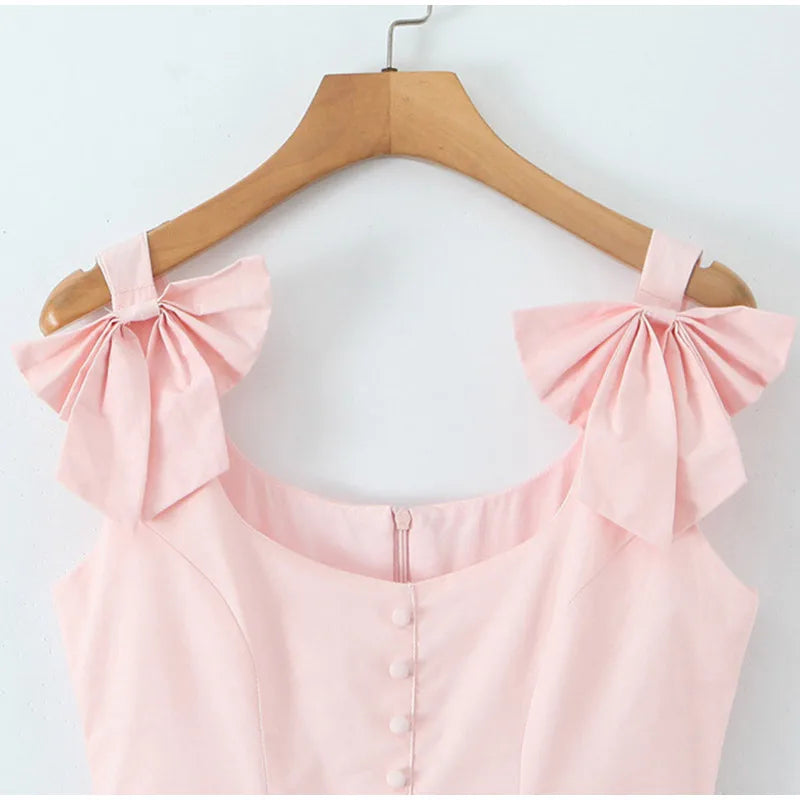 Pink Bow Women's Short Puffy A-line Dress Square Neck Sleeveless Party Dresses Female 2025 Summer Chic Lace Splicing Robe