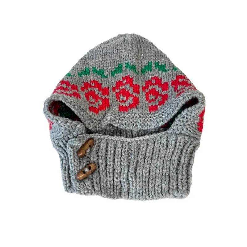 Korean Retro Balaclava Hat Winter Rose Jacquard Knitted Thermal Cover Neck Protection Integrated Ski Beanie Cap for Women's
