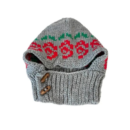 Korean Retro Balaclava Hat Winter Rose Jacquard Knitted Thermal Cover Neck Protection Integrated Ski Beanie Cap for Women's