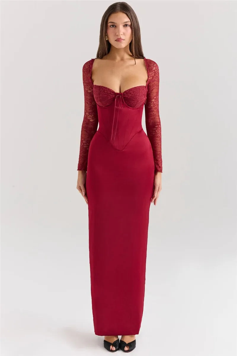 Square Neck Lace-Up Backless Long Sleeve Maxi Dress