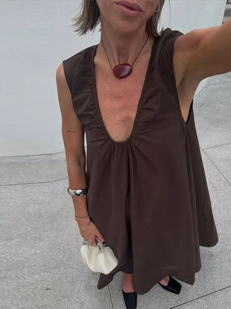 Elegant V-neck Long Dress Women Loose White Sleeveless Backless A-line Beach Dresses 2025 Summer Lady Casual Solid Chic Robes