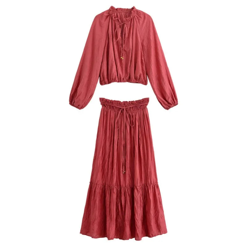 Casual Style Wrinkle Shirt Women's Top+high Waist Long Skirt Women Set 2pcs Fashion Boho Beach Spring Summer Outfits