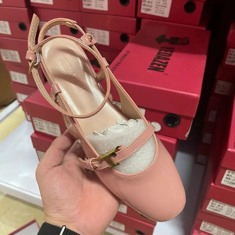TAIVIMART  -  French Round Head One-Line Buckle Flat Shoes Women'S Gentle Style Ballet Shoes Back Empty Toe Sandals