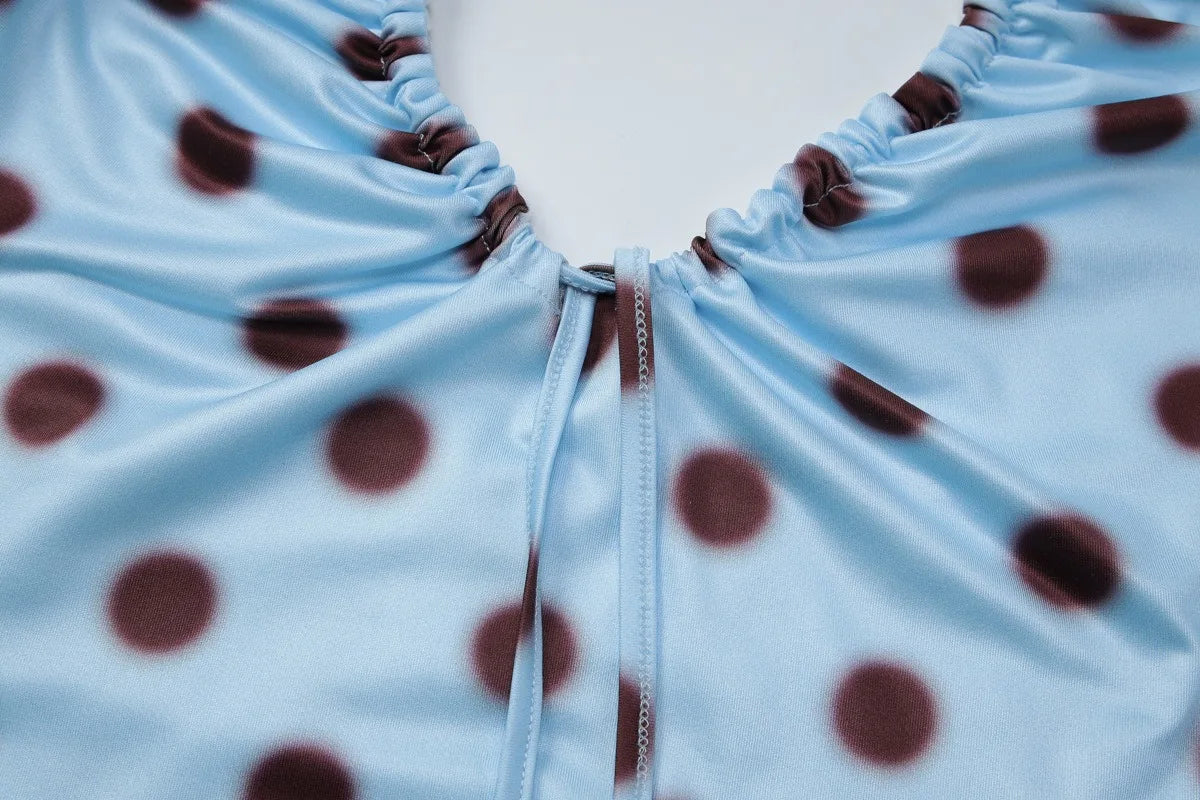 Polka Dot Print Tie Up Front Ruched Deep V Halter Top Midi Skirt 2 Piece Set for Women Summer Trend Daily Street Outfit