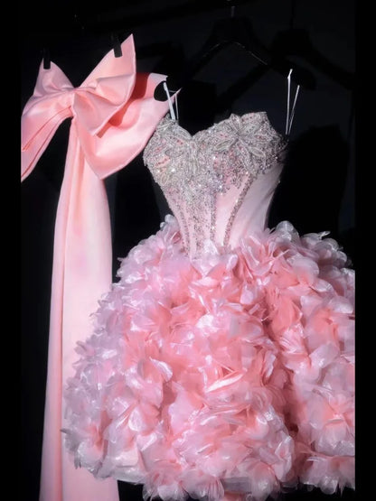 Pink Off-Shoulder Big Bow Short Ball Gown for Women Girl Elegant 3D Flowers Prom Evening Dress Sexy Mini Party Birthday Dresses