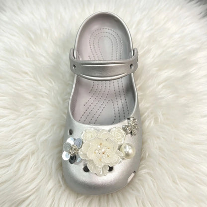 Ballet dancing shoes hole shoes spring new one-pedal hollow silver camellia sandals lazy shoes