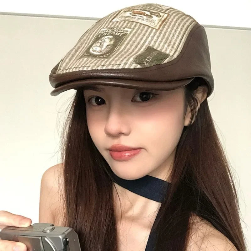 Japanese Retro Printed PU Leather Forward Hats for Women Summer and Autumn New Niche Splicing British Berets Caps Men