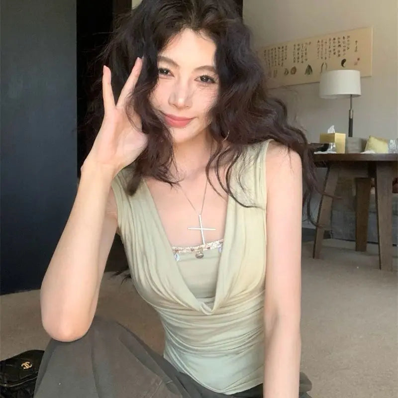 Summer Cropped Corset Top Draped Neck Two Tone Sleeveless Built-in Layered Shirt Women Soft Sexy