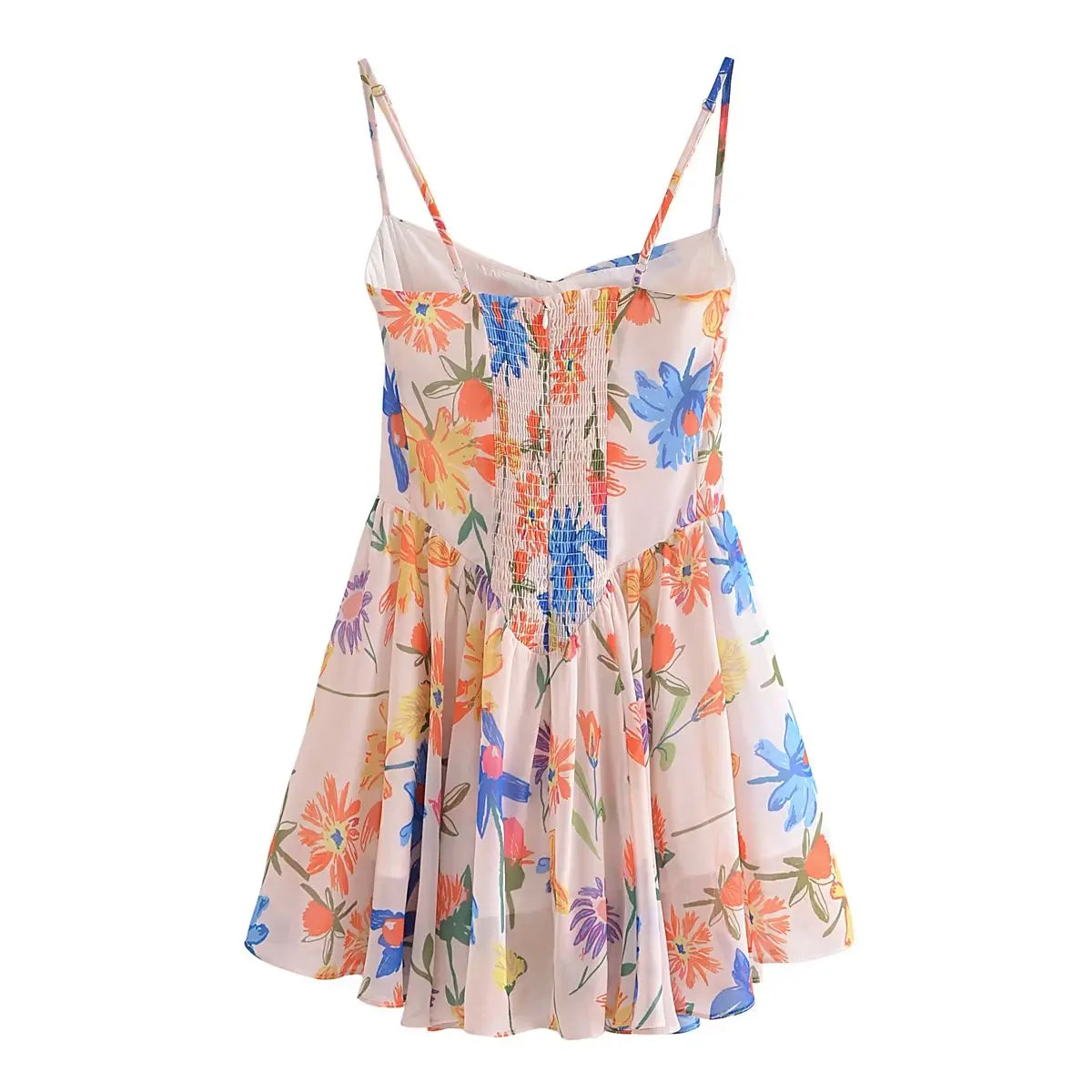 Women Party Skater Short Sling Robe Vestido Sexy Orange Flower Print Ruched Chest Corset style Spaghetti Strap Mini Dress
