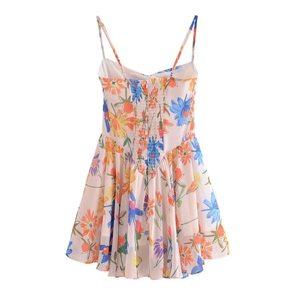 Women Party Skater Short Sling Robe Vestido Sexy Orange Flower Print Ruched Chest Corset style Spaghetti Strap Mini Dress