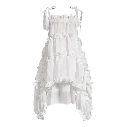 Dark Black Suspender Summer Dress for Women Irregular Ruffles Sweet Fairycore White Dresses Fashion Chic Lady Clothes