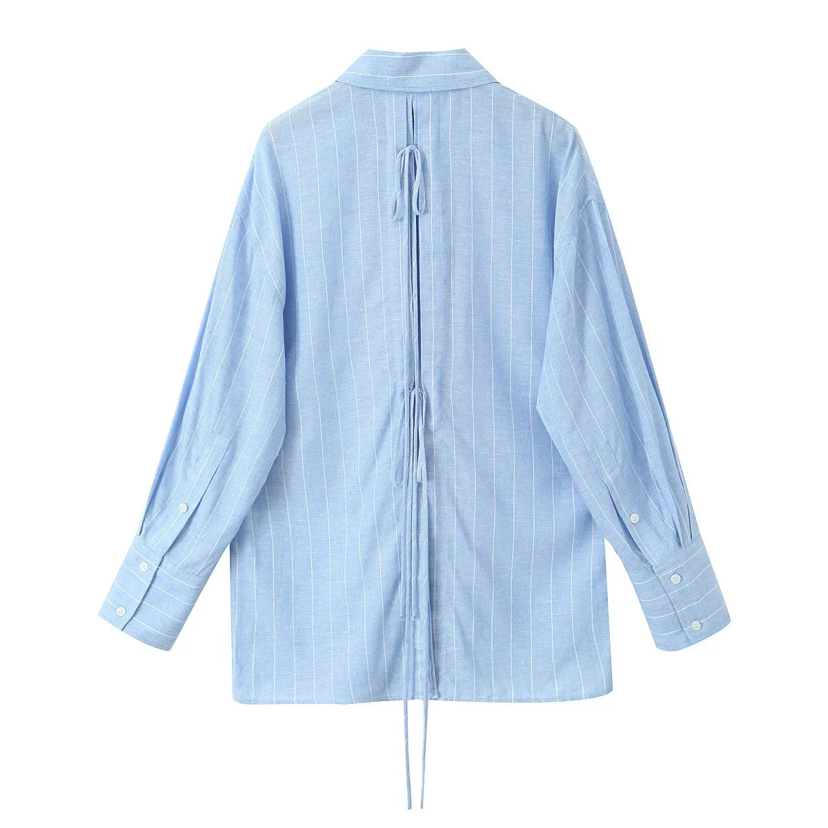 Summer Casual Striped 2 Piece Set 2024 New Long Sleeve Back Lace-up Shirt+Elastic Waist Shorts Sets Elegant Fashion Women's Suit