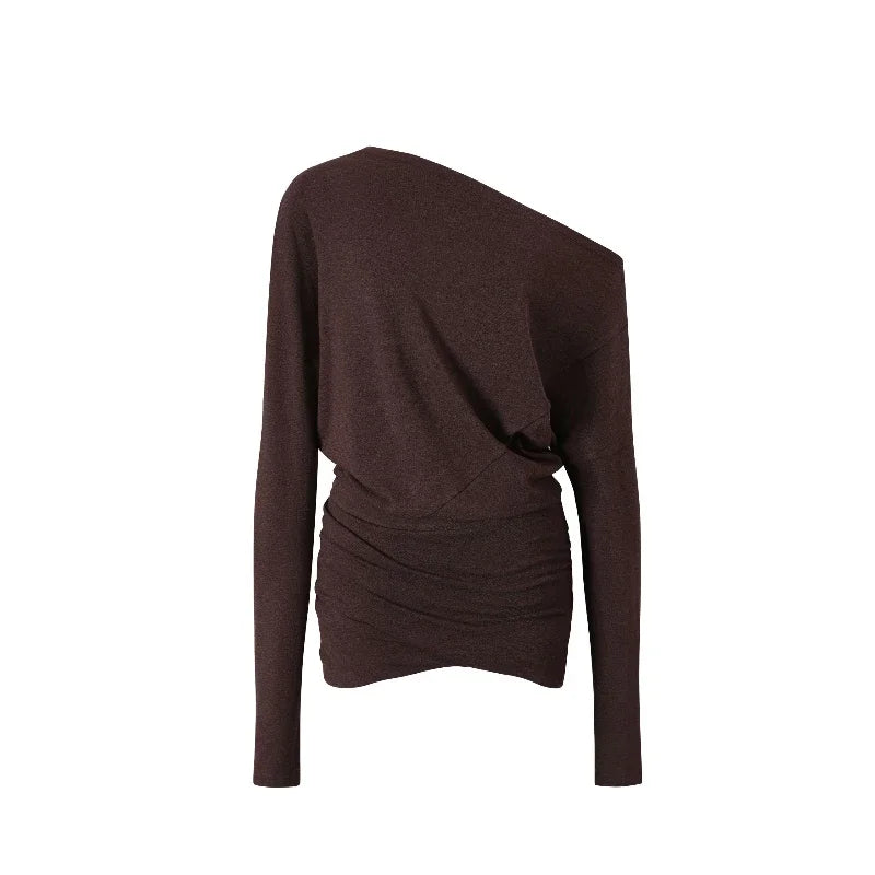 Spring Autumn Coffee Retro Slim Dress Hot Girl Long Sleeved Slanted Shoulders Straight Dress Y2k Pleated Thin Short Dresses 2025