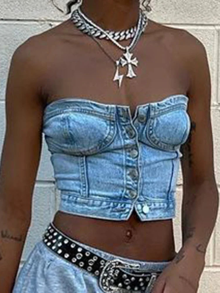 Off Shoulder Denim Corset Tops Clubwear Aesthetic Slim Milkmaid Bodycon Tees Y2K Buttons Crop Bustier Party Sexy