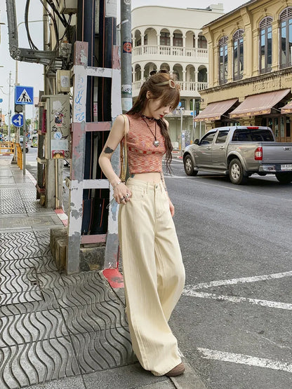 Women‘s Beige Hotsweet Denim Wide Leg Pants Y2K Summer Casual Straight Baggy Jeans Female ’