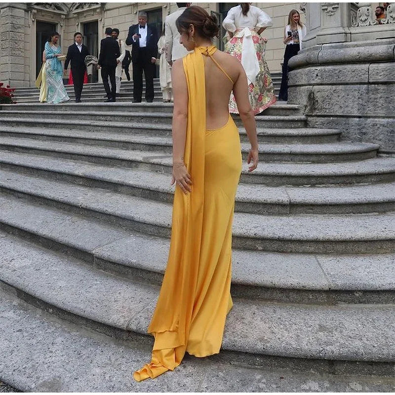Halter Deep Scoop Back Cape Train Satin Maxi Gown