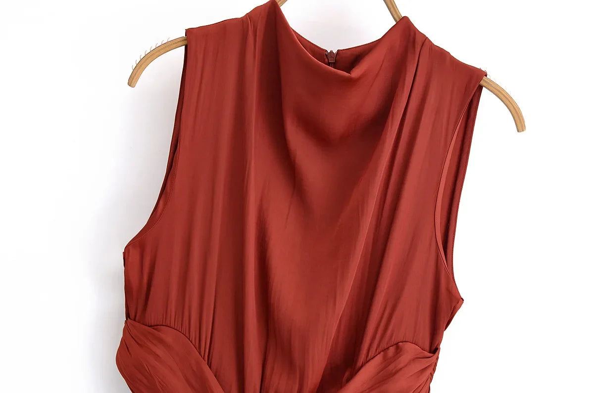 Summer new women's fashion versatile high-end simple round neck sleeveless party silk textured mid-length dress