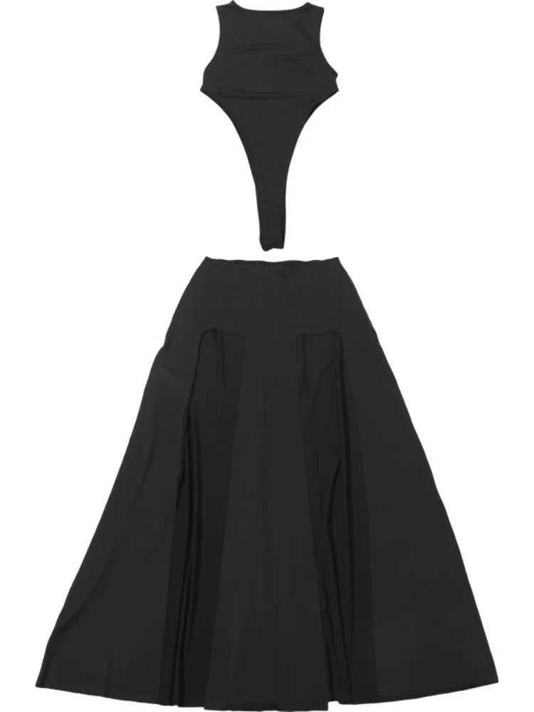 Sexy 2 Pieces Clothing Set Women Black O Neck Sleeveless Slim Bodysuit and High Slit Irregular Long Skirt Suit Y2K Outfits
