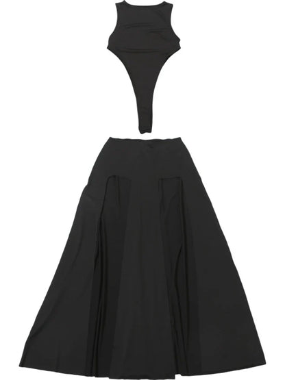 Sexy 2 Pieces Clothing Set Women Black O Neck Sleeveless Slim Bodysuit and High Slit Irregular Long Skirt Suit Y2K Outfits