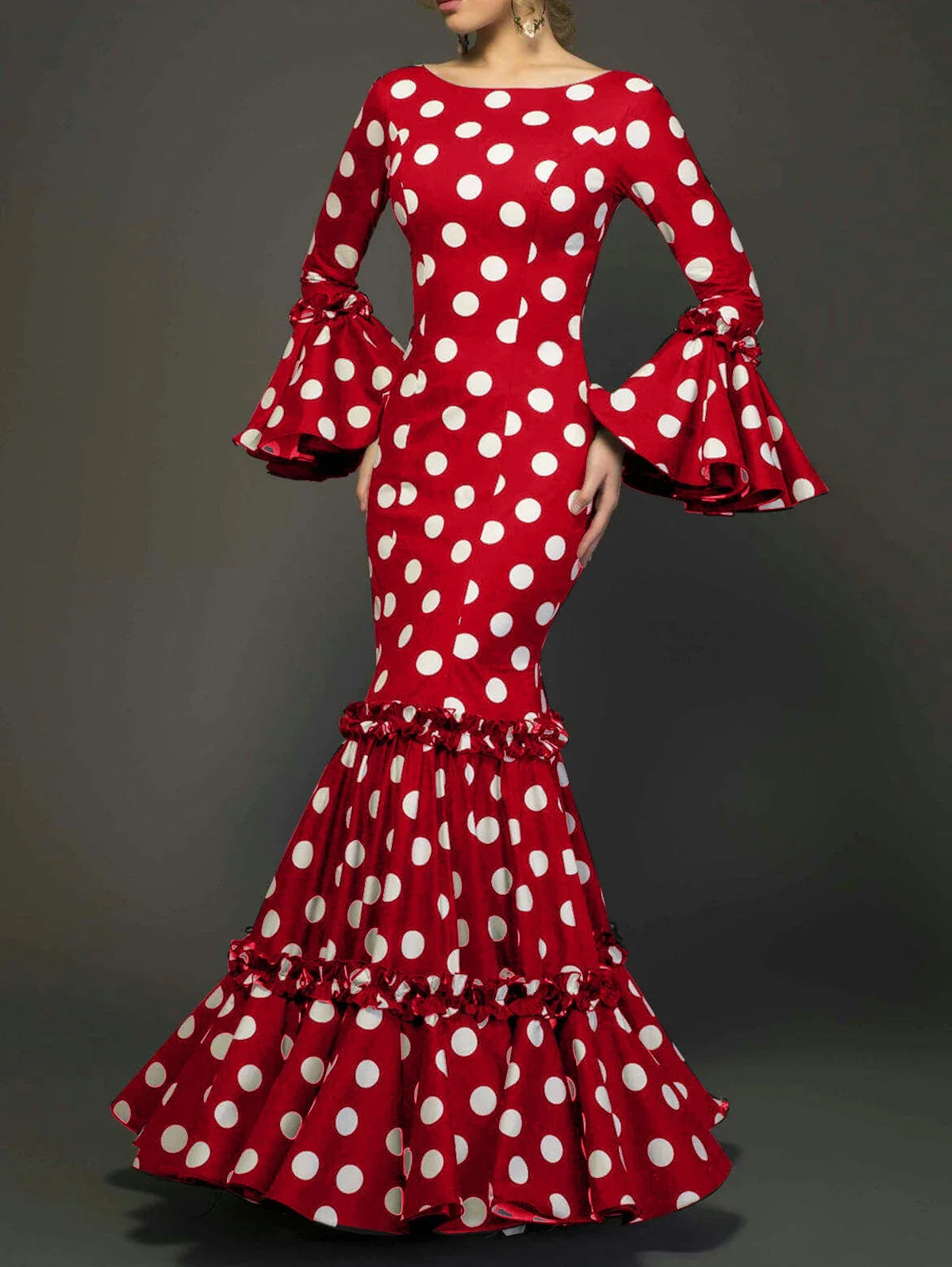 Elegant Polka Dot Ladies Evening Dress with Trumpet Sleeves Sexy Fishtail Design Cascading Ruffle Hem Fashionable Women's Gown